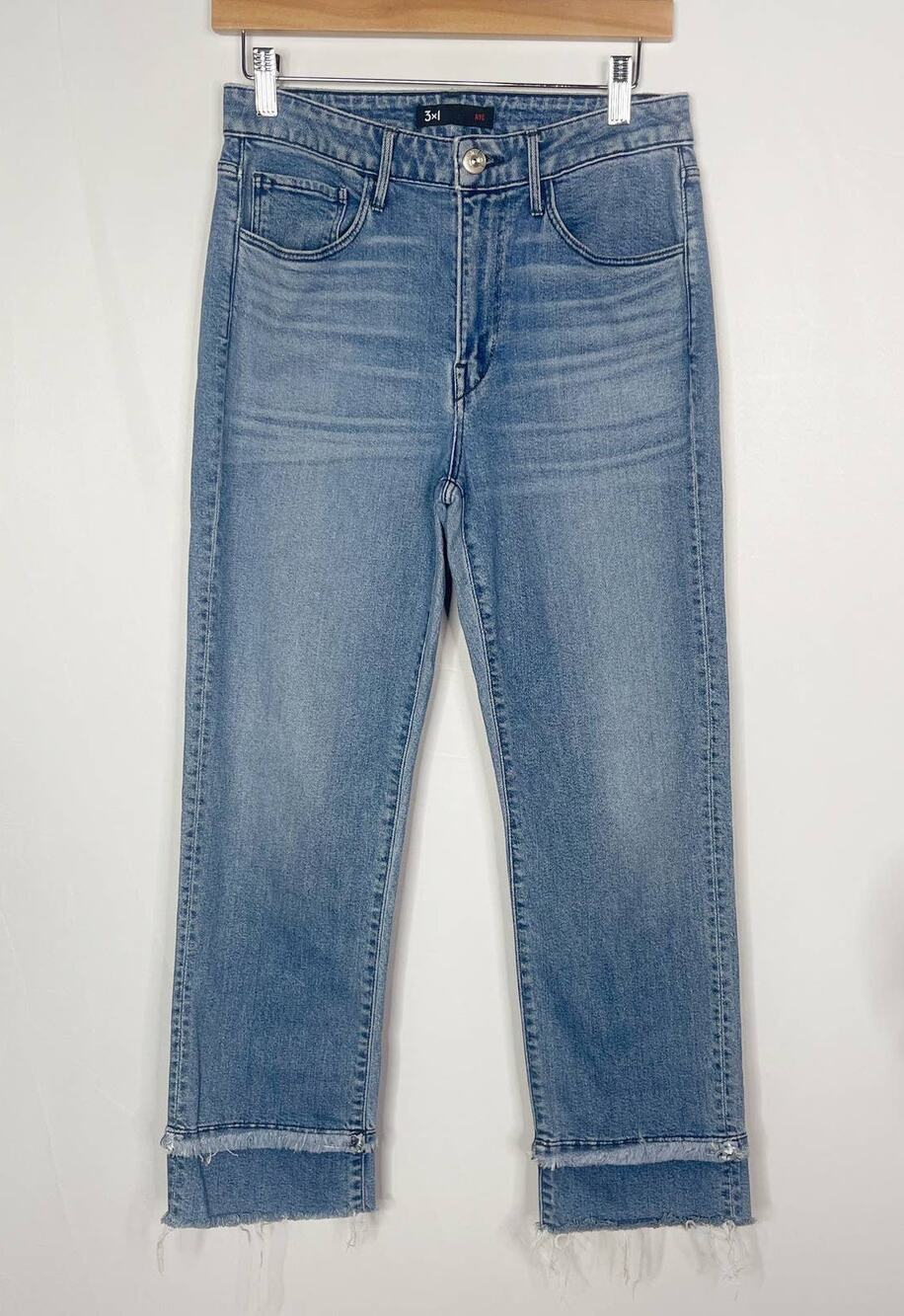 3x1 Womens 28 Cropped Frayed Tiered Straight Leg Jeans Holden Wash Double Hem